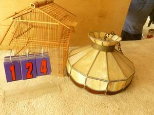 lot 124 image: Tiffany style lamp & bird cage. AS shown.