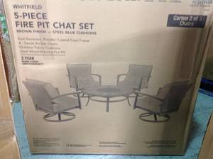 HAMPTON BAY Whitfield 5-Piece Dark Brown Metal Outdoor Patio Round Fire Pit Seating Set w Standard Steel Blue Cushions (NOT USED)