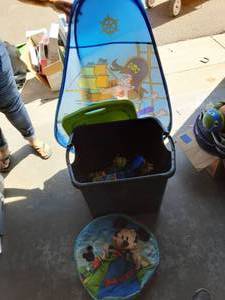 lot 46 image: Tote Bin With Lid Full Of Paw Patrol Toys, Folding Tent & Chair