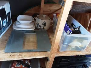 lot 48 image: Digital Scale, Bin Of Paints(Models & Craft), Other Misc. Office Supplies, Cookie Jar & Melani Dishes