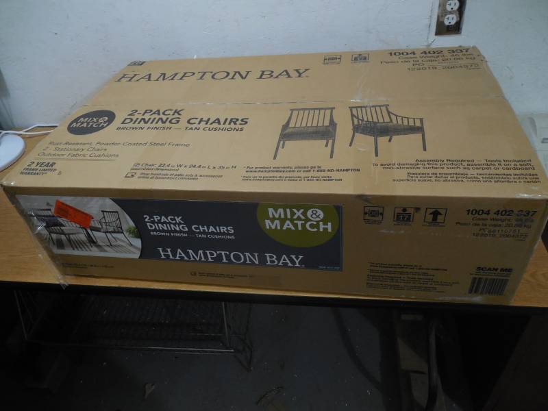 lot 106 image: Farmhouse Steel Outdoor Patio Dining Chair with Tan Cushion (2-Pack)
