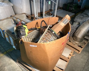 lot 64 image: Mystery Pallet - gaylord of brackets, wire, flexible conduit, gas powered grass trimmer, etc