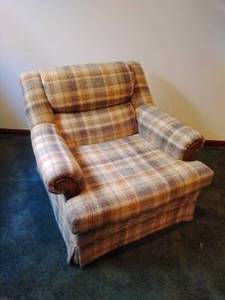 Upholstered Brown Plaid Armchair