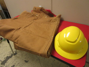 lot 620 image: CARHARTT ZIP-TO-WAIST BIB OVERALLS, 48 x 32 - NEW, 3M HARDHAT - NEW