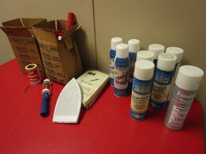 lot 625 image: IRONING SHOES, LINT BRUSHES AND TAPE, WATER AND STAIN REPELLENT, SPRAY SIZING CANS