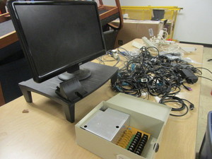 lot 635 image: POWER SUPPLY, WITH 12V OUTPUT, AOC COMPUTER MONITOR, POWER CORDS, SURGE PROTECTORS