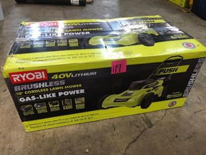 lot 119 image: Ryobi 20 in. 40-Volt Brushless Lithium-Ion Cordless Battery Walk Behind Push Lawn Mower 6.0 Ah BatteryCharger Included in good condition see pics 