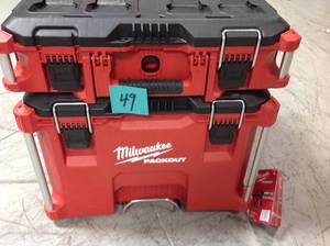 lot 49 image: Milwaukee PACKOUT Rolling Tool Boxes set of 2 - (large and small size) 250 Lb Capacity in good condition