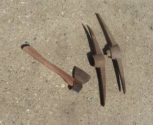 lot 450 image: Antique Tools - Two Pic Axe Heads and Hatchet