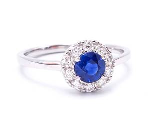 lot 9 image: Brilliant Natural Ceylon Sapphire and Diamond Halo Ring in 14k White Gold $6400