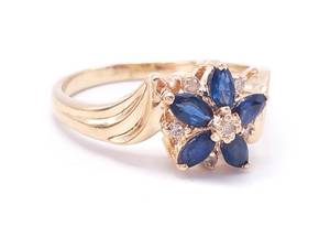 lot 38 image: Floral Motif Natural Sapphire and Diamond Estate Ring in 14k Gold $1999