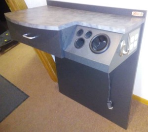 lot 77 image: Stylist station wall mount, countertop at  34  x 30 x 15.5D. Kaemark Salon Furnishings, wired for work.