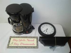 lot 82 image: Coffee Pot, sign, shelf, clock, & mirror. 23. 25 x 13.
