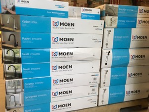 lot 25 image: Pallet with assorted Branded Faucets Customer return open boxes some items have been used