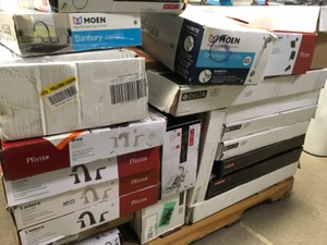 lot 16 image: Pallet with assorted Branded Faucets Customer return open boxes for parts or repair