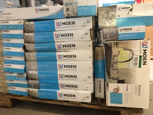 lot 44 image: Pallet with assorted Moen Faucets Customer returns open boxes some used or missing parts good for parts or repair
