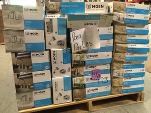 lot 46 image: Pallet with assorted Moen Faucets Customer returns open boxes some used or missing parts good for parts or repair