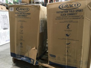 lot 21 image: Pallet with 3 Graco Fold Sport Click Connect Baby Travel System Amazon Returns