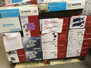 lot 13 image: Pallet with assorted Branded Faucets Customer return open boxes some items have been used