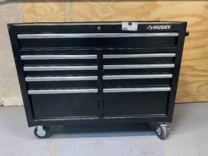lot 83 image: HUSKY 46 in. W 9-Drawer, Deep Tool Chest Mobile Workbench in Gloss Black with Hardwood Top