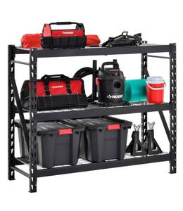 lot 92 image: HUSKY 65 in. W x 54 in. H x 24 in. D 3-Shelf Welded Steel Garage Storage Shelving Unit with Wire Deck in Black