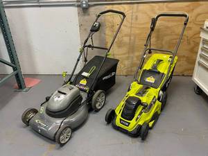 lot 27 image: RYOBI RYAC160 Electric Mower and EARTHWISE 50520 Electric Mower.