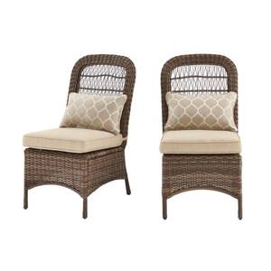 lot 70 image: HAMPTON BAYY Beacon Park Brown Wicker Outdoor Patio Armless Dining Chair with Standard Toffee Trellis Tan Cushions (2-Pack)