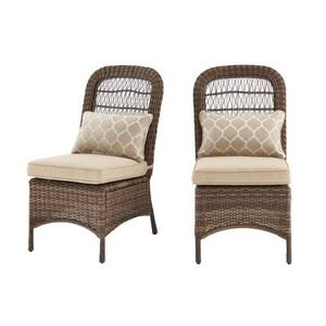 lot 73 image: HAMPTON BAY Beacon Park Brown Wicker Outdoor Patio Armless Dining Chair with Standard Toffee Trellis Tan Cushions (2-Pack)