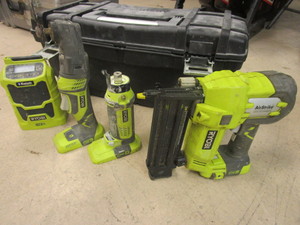 lot 834 image: RYOBI ONE BATTERY-OPERATED POWER TOOLS, BRAD NAILER, MULTI-TOOL, SAW ROTARY CUTTER, RADIO
