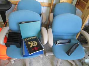 lot 114 image: 50th Anniversary Playboy Magazine & (4) Office Chairs, Binders, (2) 3-H...
