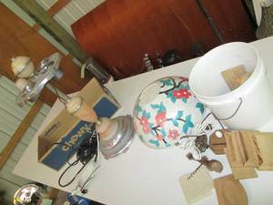 lot 205 image: Lamp, Shade, Misc. Craft Supplies &...