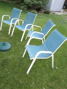 lot 241 image: (4) Patio Metal Chairs (Blue) & Umbrella Stand No Umbrella