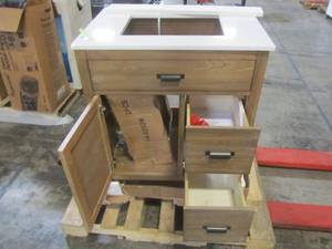 lot 223 image: Home Decorators Collection Stanhope 31 in. W x 22 in. D Vanity in Reclaimed Oak and Engineered Stone Vanity Top in Creamed Coffee with White Sink SNOVT3122DR