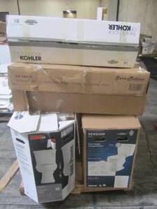 lot 231 image: WHOLESALE MIXED PALLET OF TOILETS, SHOWER WALL AND SINKS