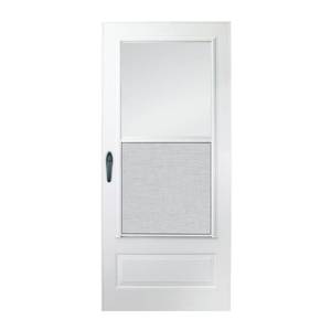lot 623 image: EMCO 36 in. x 80 in. 100 Series White Universal Self-Storing Aluminum Storm Door with Black Hardware.