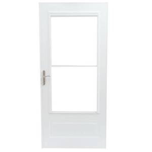 lot 621 image: EMCO 36 in. x 80 in. 400 Series White Universal Self-Storing Aluminum Storm Door with Nickel Hardware, E4SN36WH
