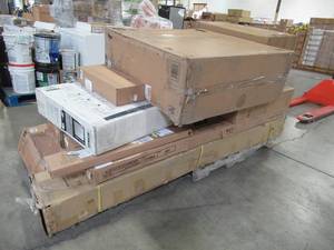 lot 421 image: WHOLESALE MIXED PALLET OF MISCELLANEOUS BUILDING MATERIALS, SMALL HOUSEWARES AND MORE