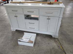 lot 424 image: Home Decorators Collection Melpark 60 in. W x 22 in. D Bath Vanity in Dove Grey with a Cultured Marble Vanity Top in White with White Sinks, Melpark 60G - Broken Drawer.