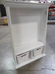 lot 822 image: Zenith 21 in. x 29 in. Wood Surface Mount Medicine Cabinet with Baskets in White - Missing Beveled Mirror Door.