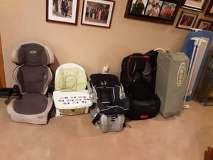 lot 25 image: Graco Pack & Play With Accessories, Infant To Youth Car Seats, Feeding Chair, & Bed Rail