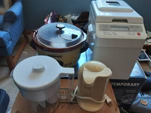 lot 57 image: Hitachi Bread Maker, Rival Crock Pot, Brita Water Filtered Pitcher, Electric Can Opener