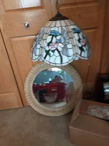 lot 87 image: Hanging Lamp & Wicker Mirror