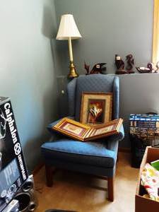 lot 89 image: 3-Pictures, Lamp, Wing Back Chair