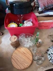lot 93 image: Lot of Kitchen Related, Vases, Pottery, Lazy Susan, Green Glass Decanter, More