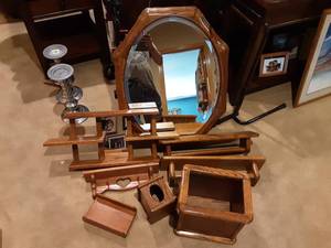 lot 106 image: Beveled Edge Mirror, Oak Wall Shelves, Towel Bar, More
