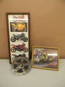 lot 39 image: VINTAGE GEAR CLOCK - WORKS - WITH MOTORCYCLE PICTURES 1 SIGNED - SEE PICTURES