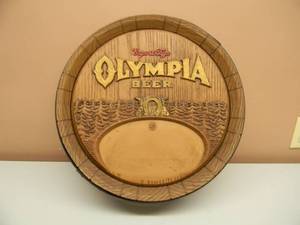 lot 50 image: VINTAGE OLYMPIA BEER BARREL END SIGN - APPROX 19 - SEE PICTURES