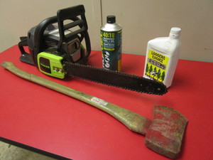 lot 912 image: POULAN GAS 16 CHAINSAW, TRU-FUEL FUEL OIL, CHAIN OIL, AXE
