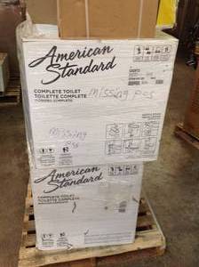 lot 23 image: PALLET OF AMERICAN STANDARD  TOILETS (SEE PICS & DESCRIPTION) costumer returns missing parts