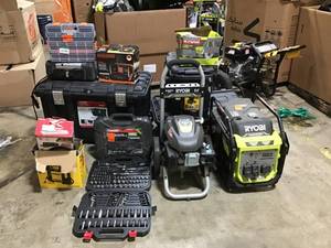 lot 37 image: MIXED LOT OF ASSORTED HUSKY, RYOBI, DEWALT, BLACK DECKER TOOLS SEE PICS ORIGINAL COSTUMER RETURNS VARIOUS CONDITIONS